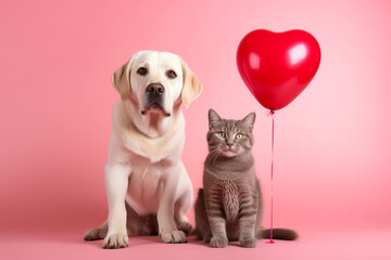 Puppy and kitty with heart shaped balloon | Cute dog and cute cat with valentine heart shaped balloon on pink background | Lovers' day celebration | Birthday celebration | Party decoration  - obrazy, fototapety, plakaty