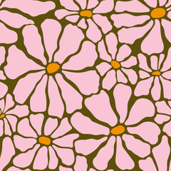 Groovy daisy flowers seamless vector pattern. Floral background in 1970s Hippie retro style. Flower Power.