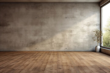Set of empty room with wooden floor and concrete wall.