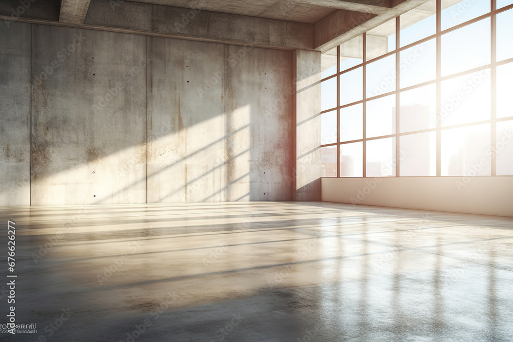 Poster set of empty concrete room with sunlight through the large window. abstract architecture with cement