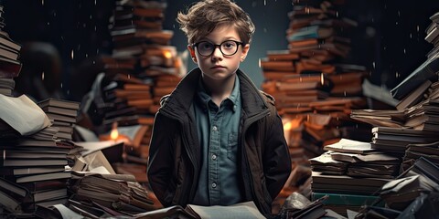 small boy in glasses standing in pile of books, generative AI
