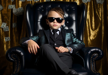 Obraz na płótnie Canvas young boy wearing glasses sitting in black chair with money