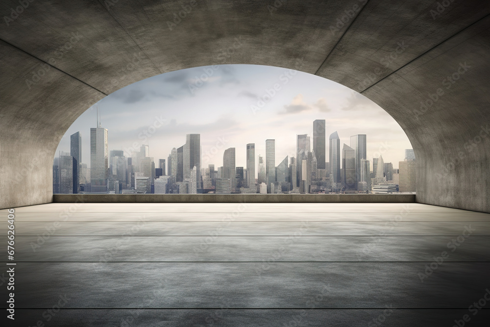 Poster set of abstract indoor architecture with empty concrete floor on cityscape background