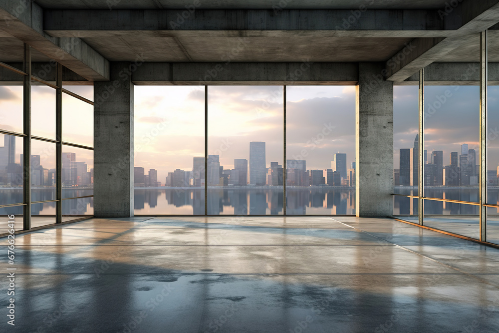 Poster set of abstract indoor architecture with empty concrete floor on cityscape background