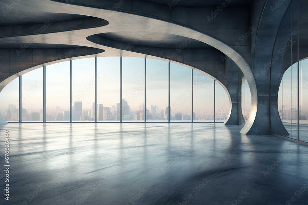 Poster set of abstract indoor architecture with empty concrete floor on cityscape background
