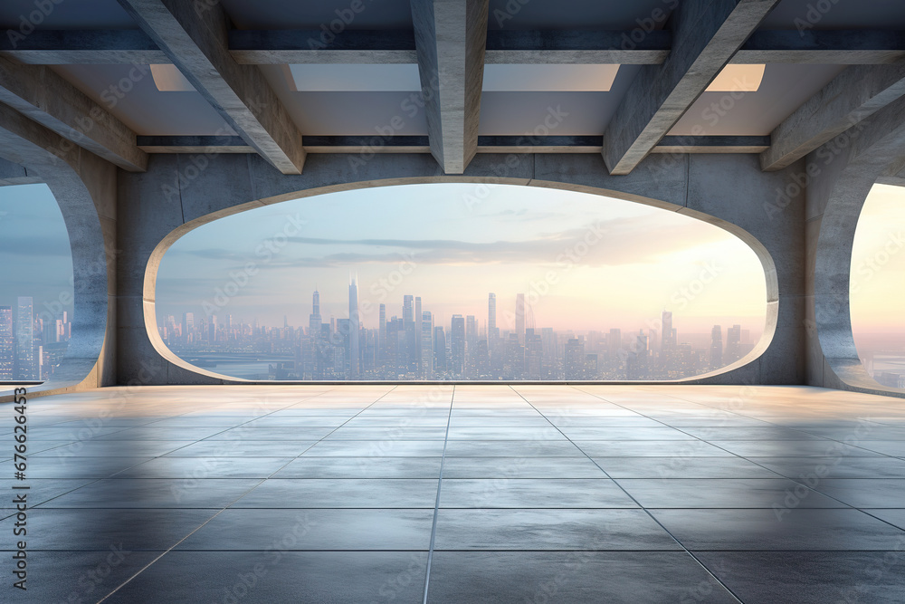 Poster set of abstract indoor architecture with empty concrete floor on cityscape background