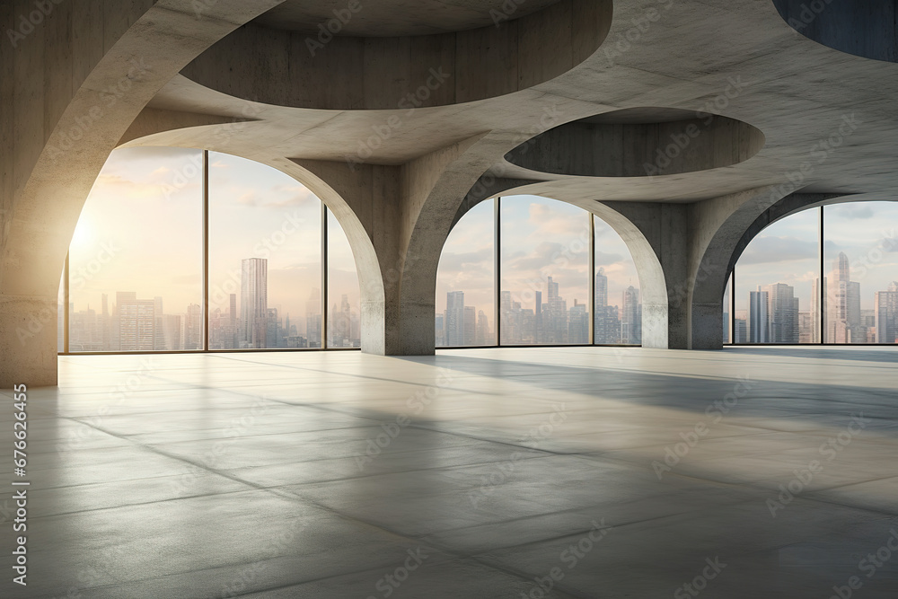 Poster set of abstract indoor architecture with empty concrete floor on cityscape background
