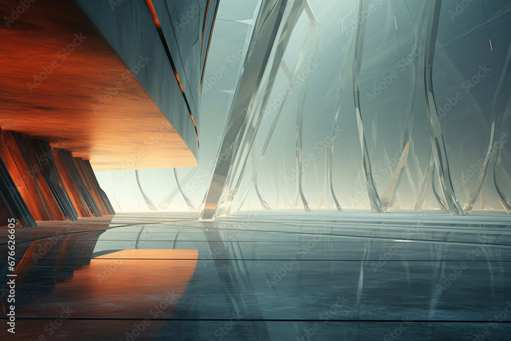 Poster set of abstract futuristic glass architecture with empty concrete floor.