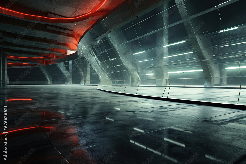 Poster set of abstract futuristic glass architecture with empty concrete floor.