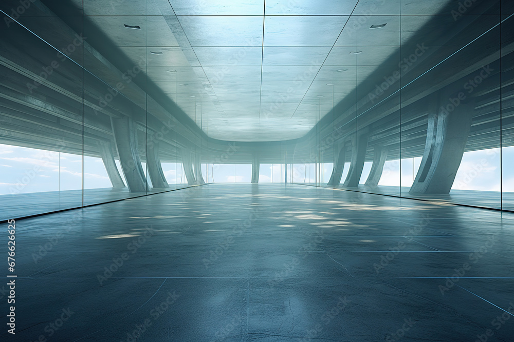 Poster set of abstract futuristic glass architecture with empty concrete floor.