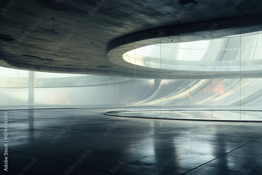 Poster set of abstract futuristic glass architecture with empty concrete floor.