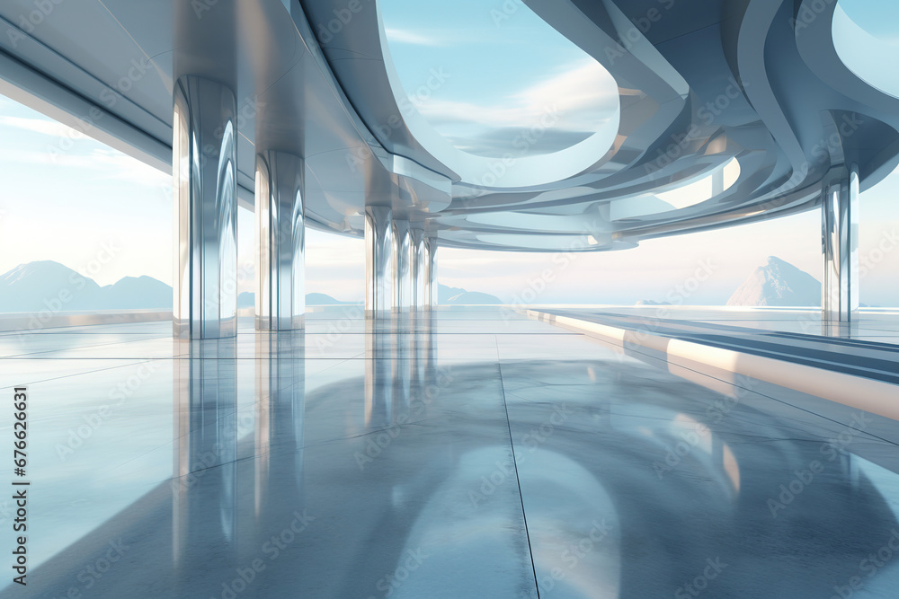 Poster set of abstract futuristic glass architecture with empty concrete floor.