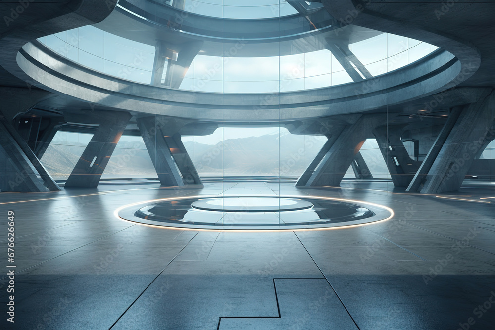 Poster set of abstract futuristic glass architecture with empty concrete floor.