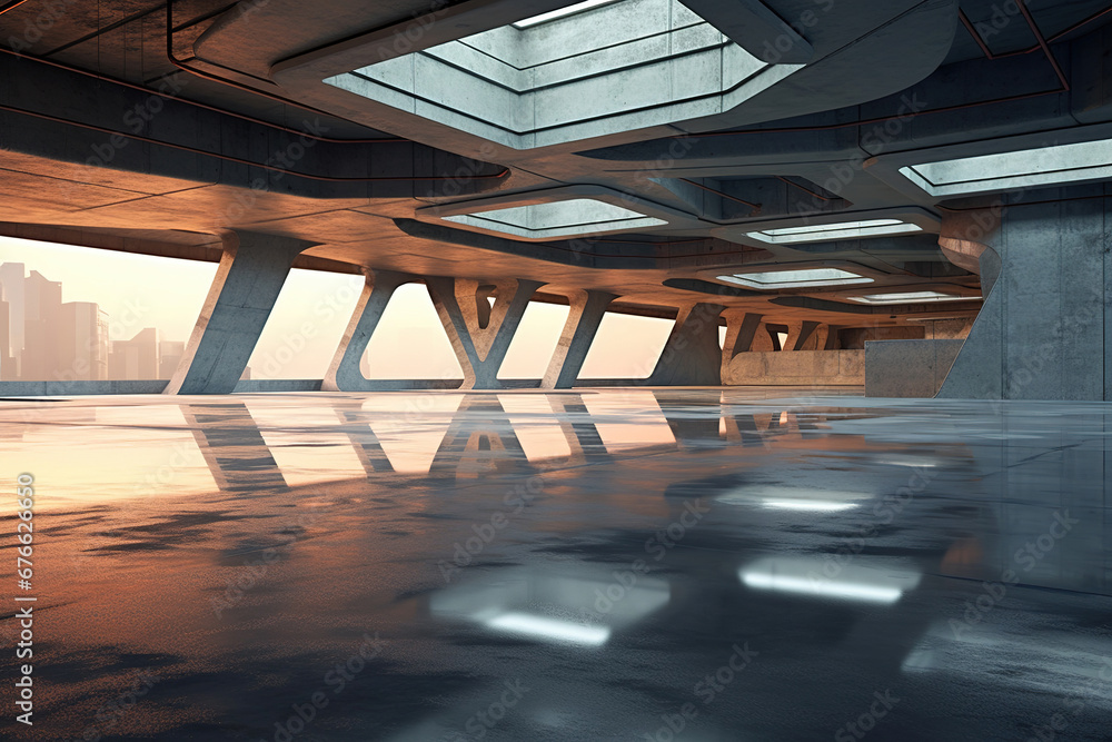 Poster set of abstract futuristic glass architecture with empty concrete floor.