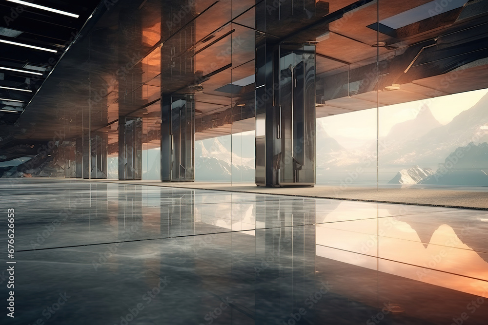 Poster set of abstract futuristic glass architecture with empty concrete floor.