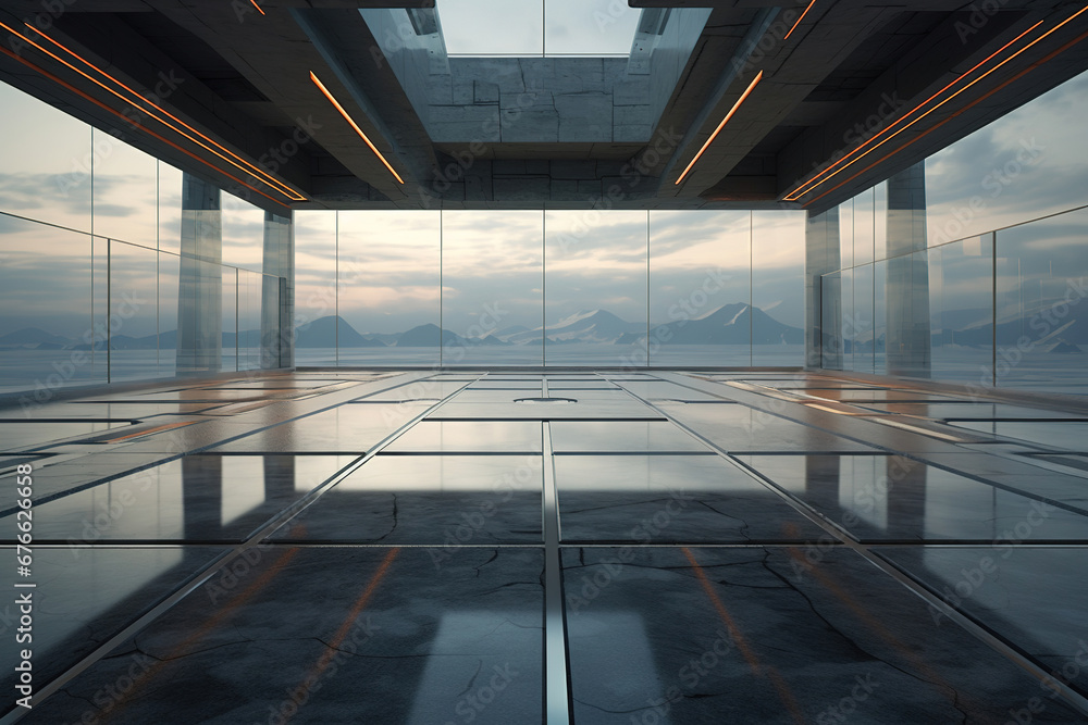 Poster set of abstract futuristic glass architecture with empty concrete floor.