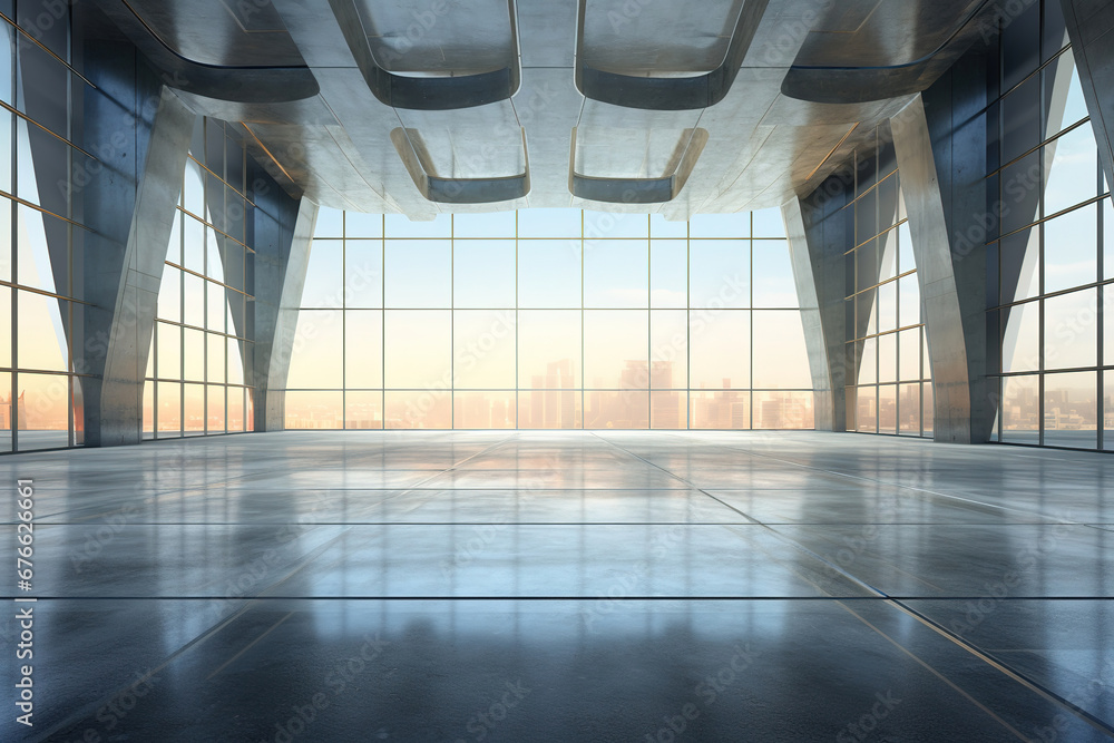 Poster set of abstract futuristic glass architecture with empty concrete floor.