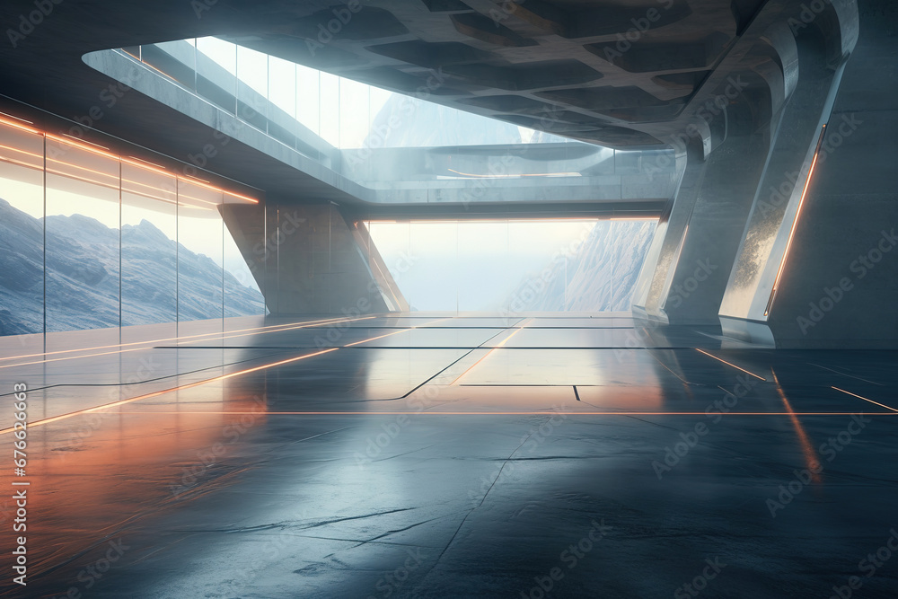 Poster set of abstract futuristic glass architecture with empty concrete floor.
