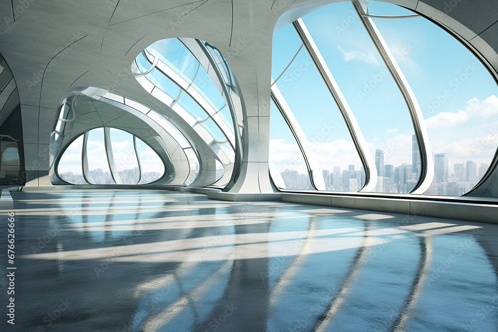 Poster set of abstract futuristic glass architecture with empty concrete floor.