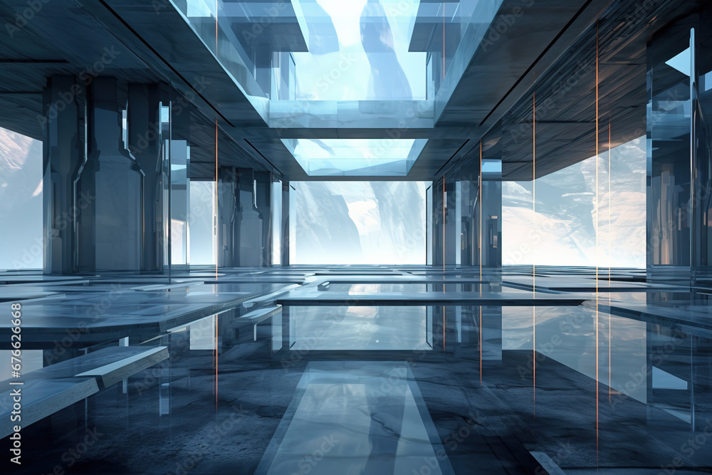 Poster set of abstract futuristic glass architecture with empty concrete floor.