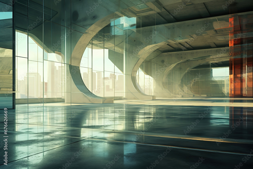Poster set of abstract futuristic glass architecture with empty concrete floor.