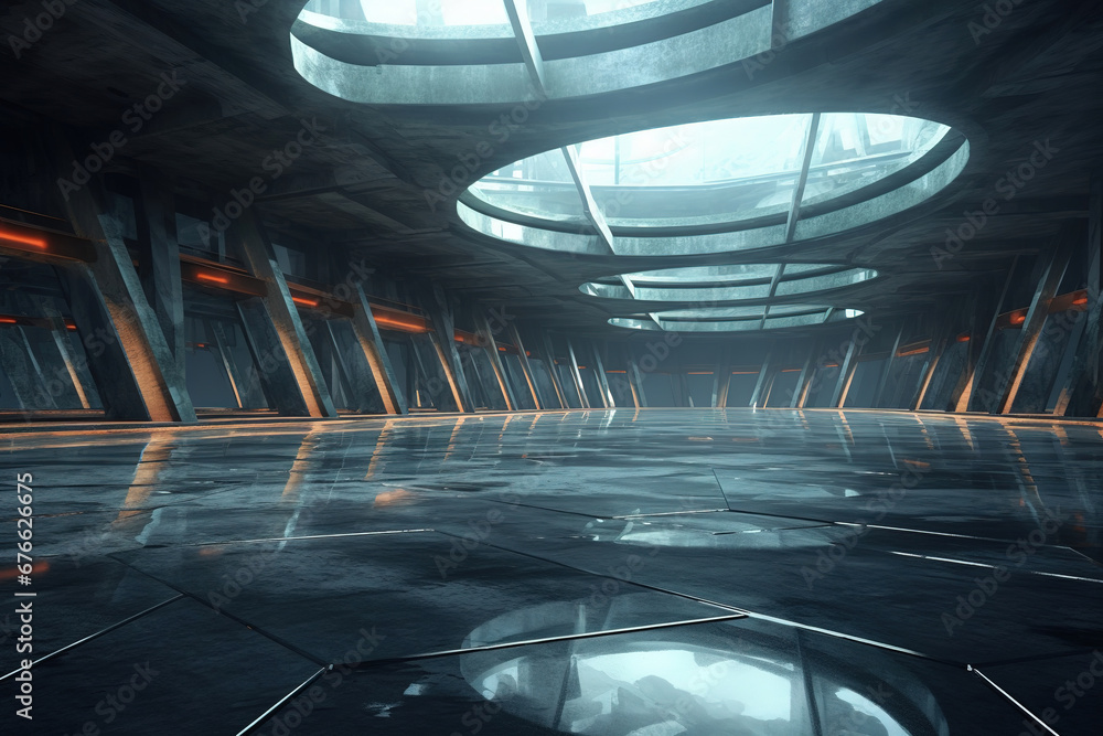 Poster set of abstract futuristic glass architecture with empty concrete floor.