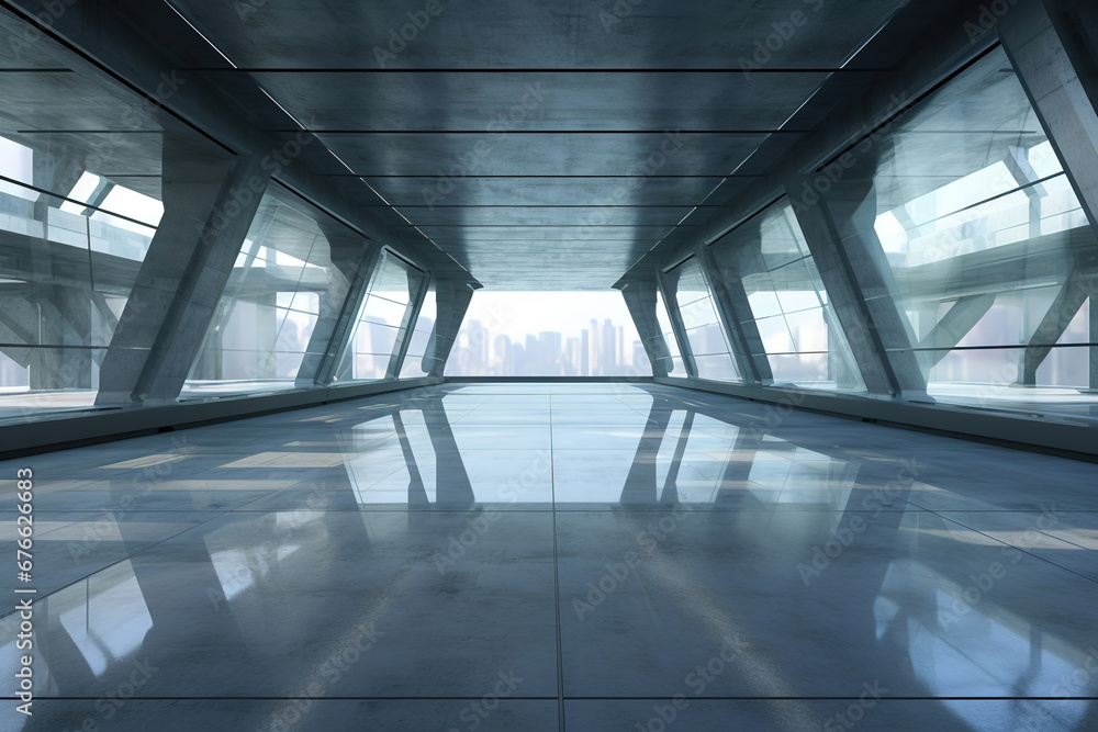 Poster set of abstract futuristic glass architecture with empty concrete floor.
