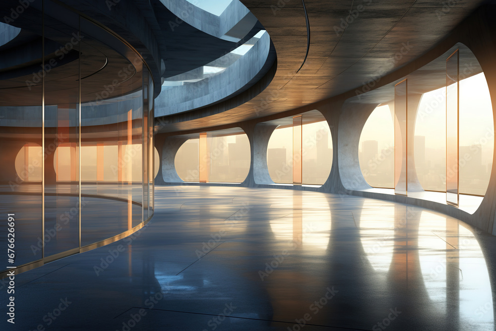 Poster set of abstract futuristic glass architecture with empty concrete floor.