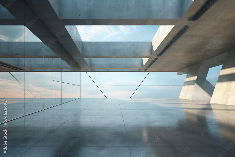 Poster set of abstract futuristic glass architecture with empty concrete floor.