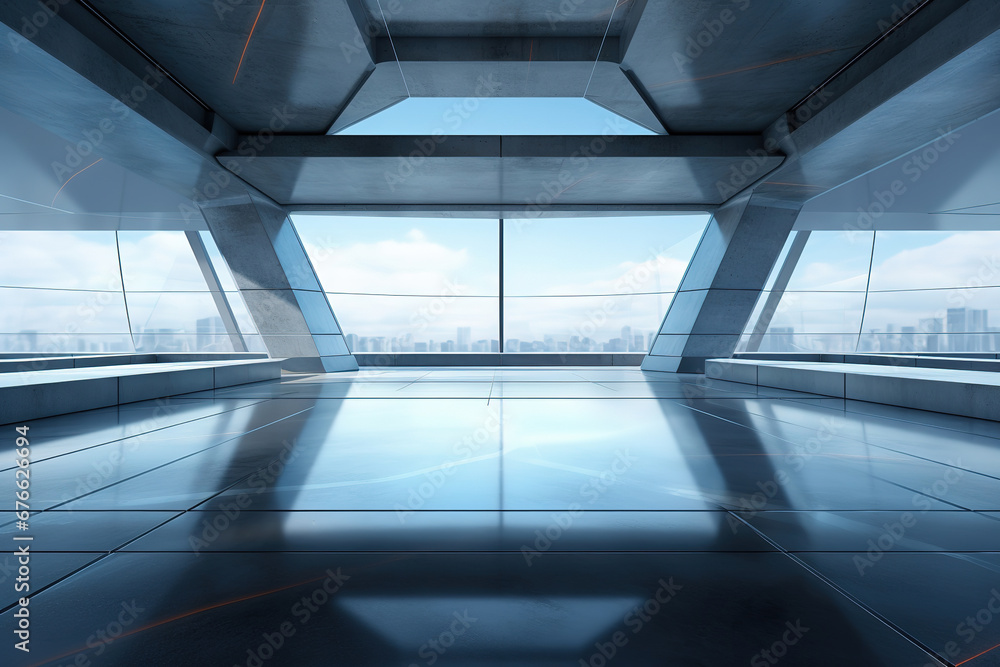 Poster set of abstract futuristic glass architecture with empty concrete floor.