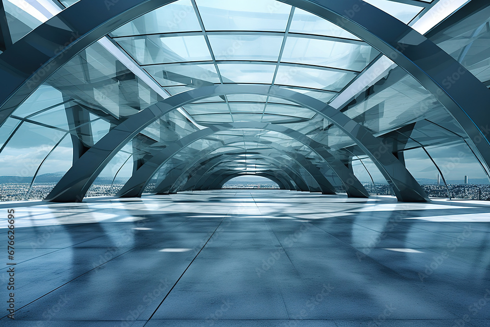Poster set of abstract futuristic glass architecture with empty concrete floor.