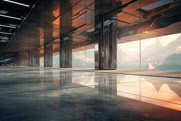 Set of abstract futuristic glass architecture with empty concrete floor.