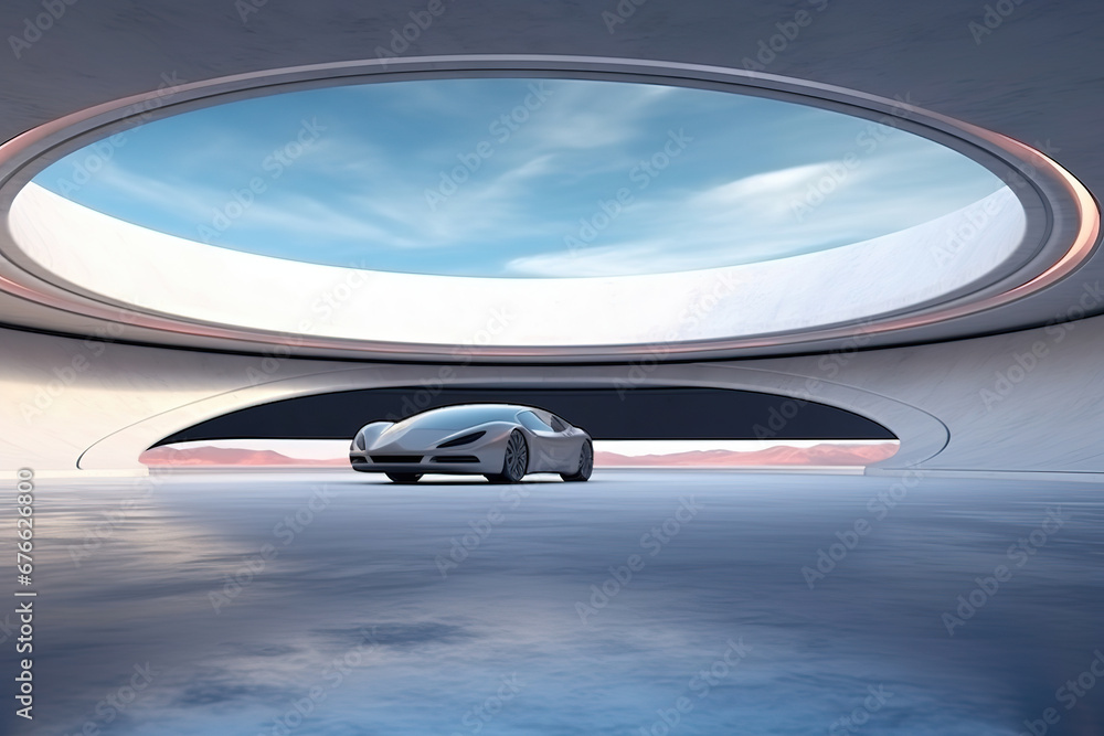 Poster set of abstract futuristic architecture with empty concrete floor design. scene hall for car present