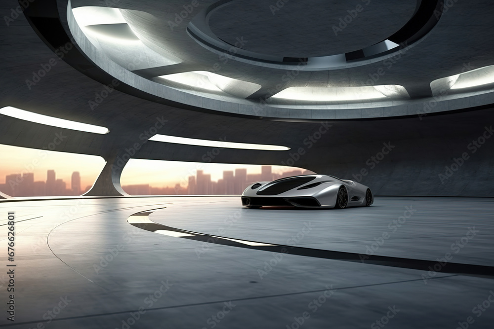Poster set of abstract futuristic architecture with empty concrete floor design. scene hall for car present