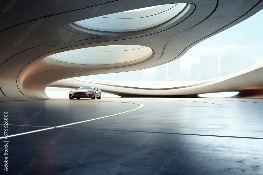 Poster set of abstract futuristic architecture with empty concrete floor design. scene hall for car present