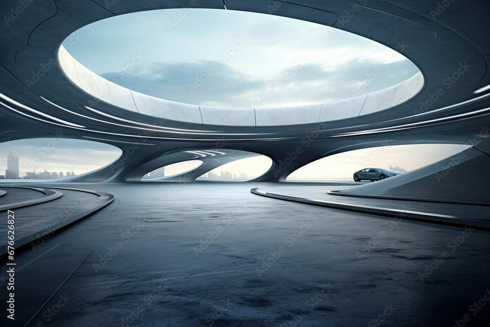 Poster set of abstract futuristic architecture with empty concrete floor design. scene hall for car present