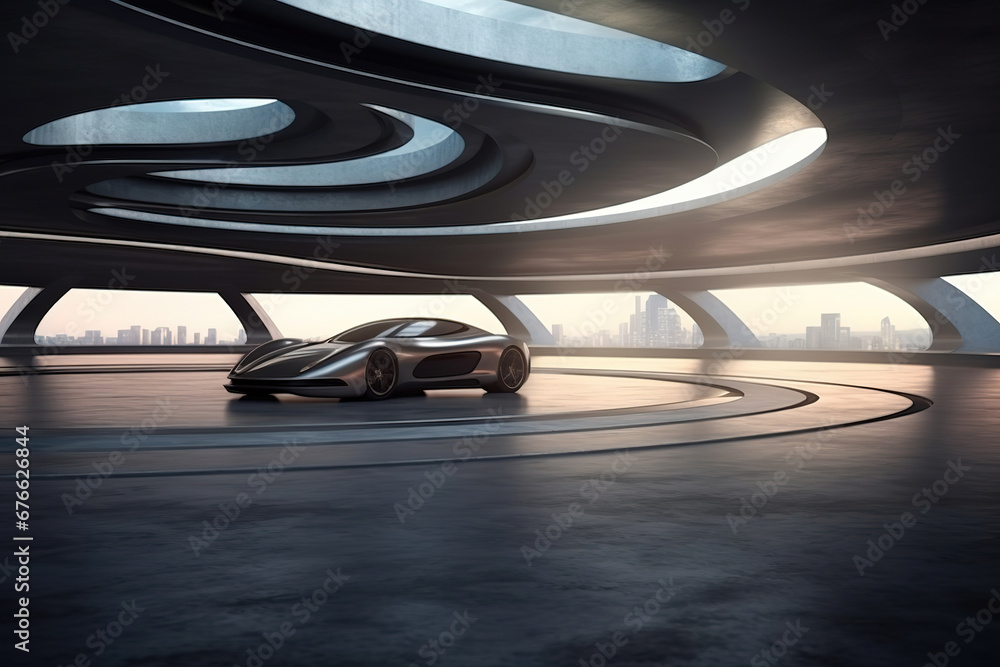 Poster set of abstract futuristic architecture with empty concrete floor design. scene hall for car present