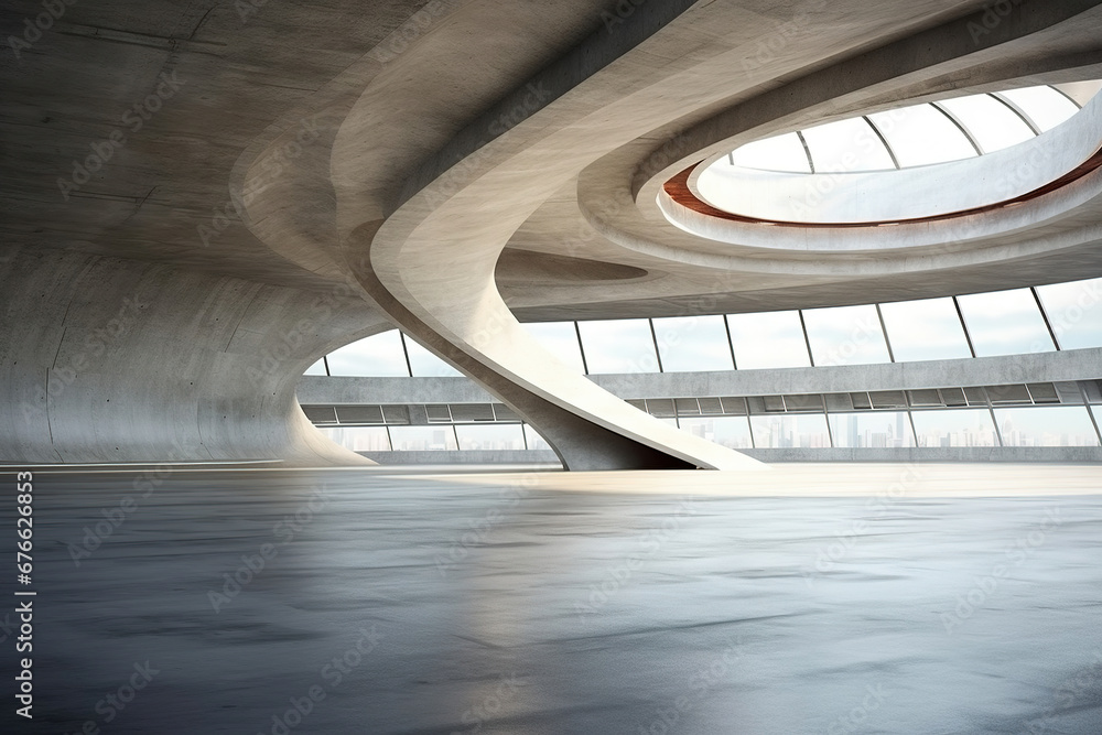 Poster set of abstract futuristic architecture with empty concrete floor design. scene hall for car present