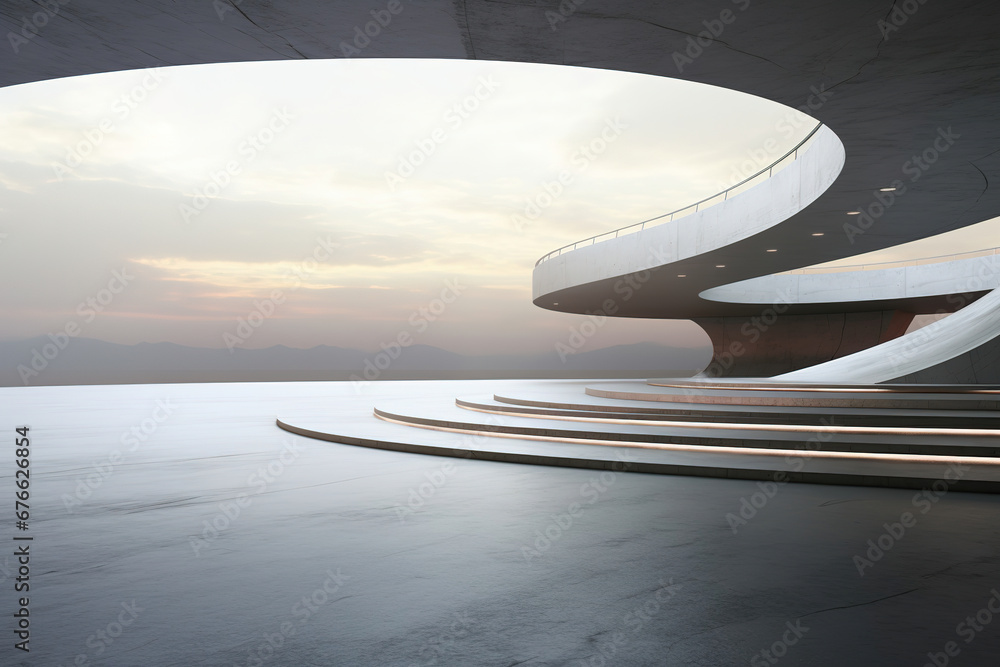 Poster set of abstract futuristic architecture with empty concrete floor design. scene hall for car present