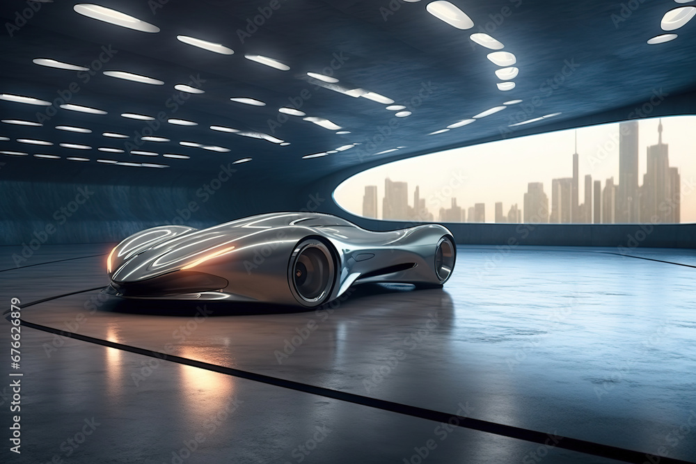 Poster set of abstract futuristic architecture with empty concrete floor design. scene hall for car present