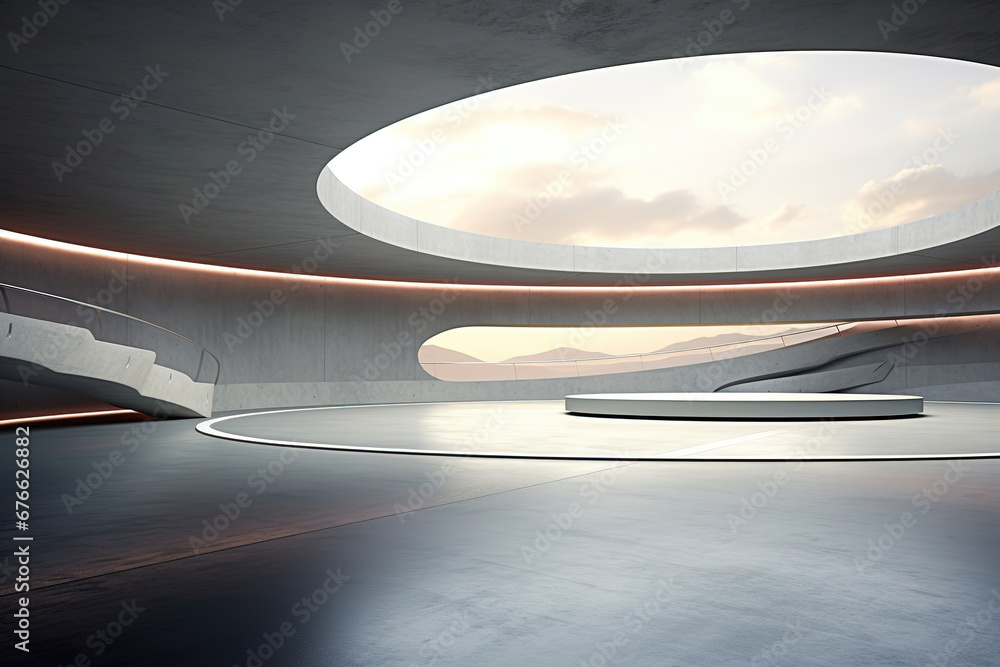 Poster set of abstract futuristic architecture with empty concrete floor design. scene hall for car present