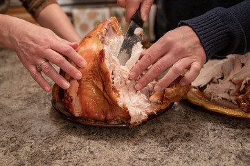 Person cuts turkey meat for traditional thanksgiving dinner. Family time at table 