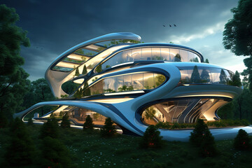 Set of a glass office building, futuristic architecture.