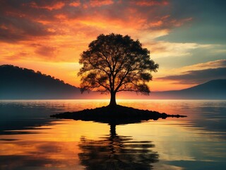 Fototapeta na wymiar a lone tree is silhouetted against the setting sun 