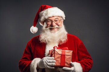 photo portrait of a santa claus holding a gift box, one color background and copy space, generative ai