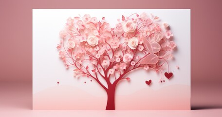 Paper art of a tree with hearts and leaves. Generative AI.