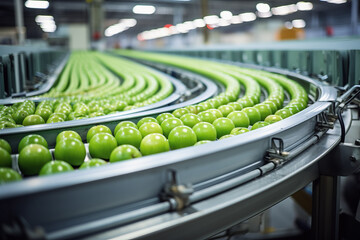 Green apple on conveyor belt in background of modern factory. Logistics concept of production and...