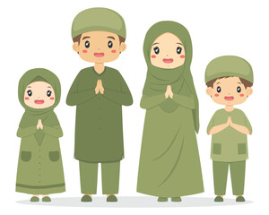 Happy Muslim family in green clothes, their hand palms joining in welcome or greeting gesture. Muslim family cartoon characters vector.