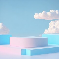 Trendy scene with arch podium mockup. Surreal cloud podium outdoor on blue sky pink pastel clouds with empty space.
