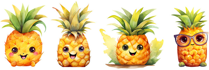 Fototapeta premium Watercolor cute cartoon pineapple bundle on a transparent background